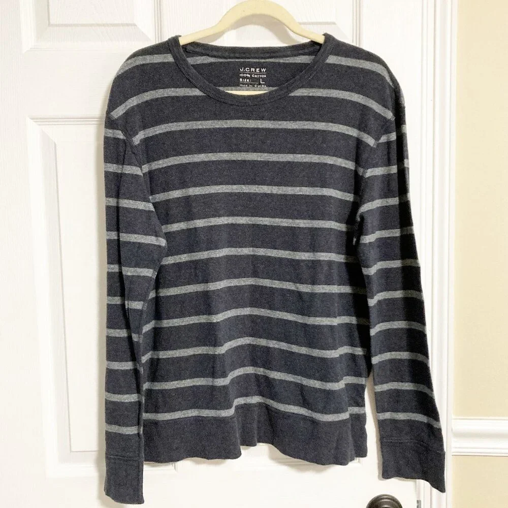 J. Crew Striped Crew Neck Long-Sleeve Tee Size L Navy Gray 100% Cotton